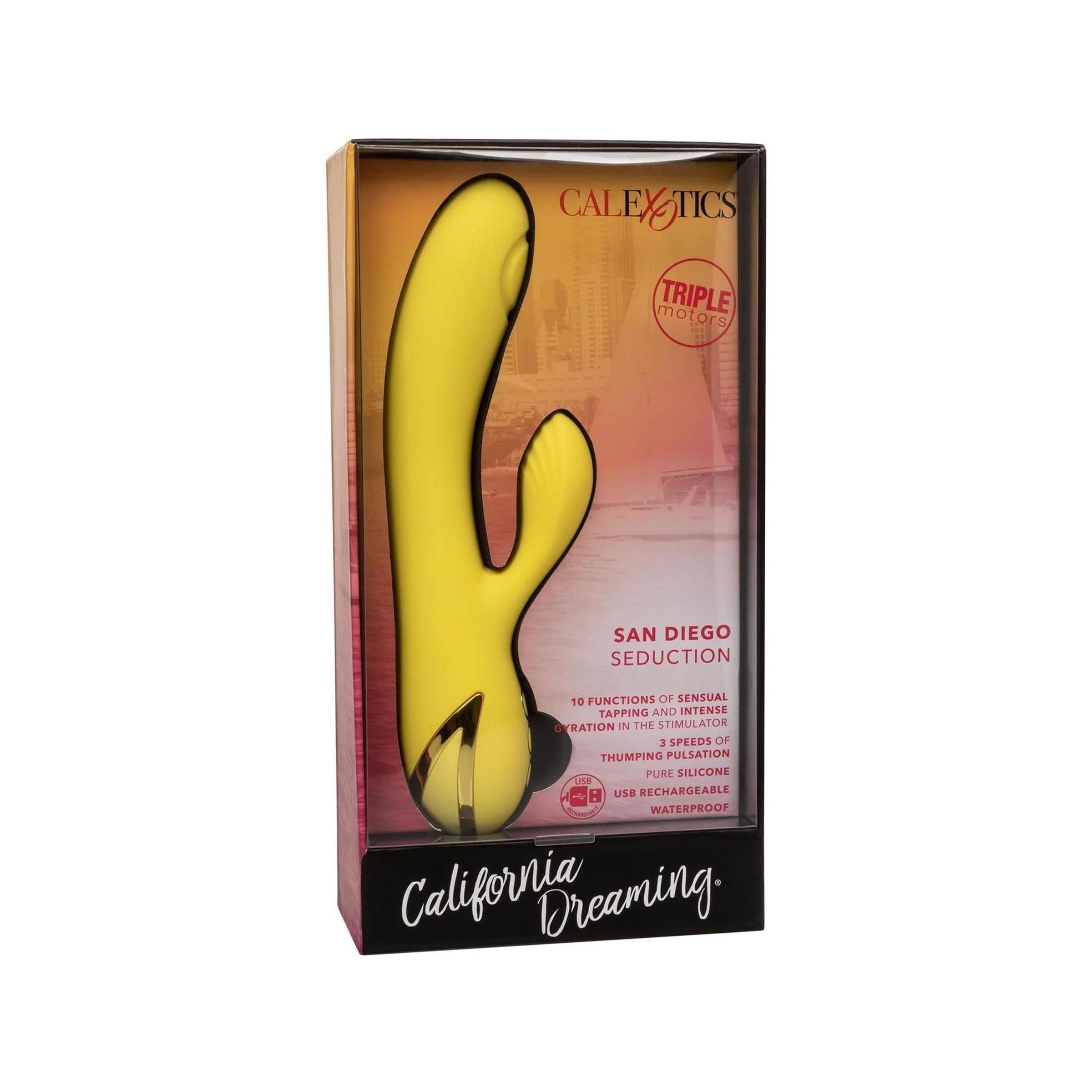 Gelbes Wellness-Produkt in Verpackung. Aufschrift: San Diego Seduction. Schwarze Verpackung mit Fenster.