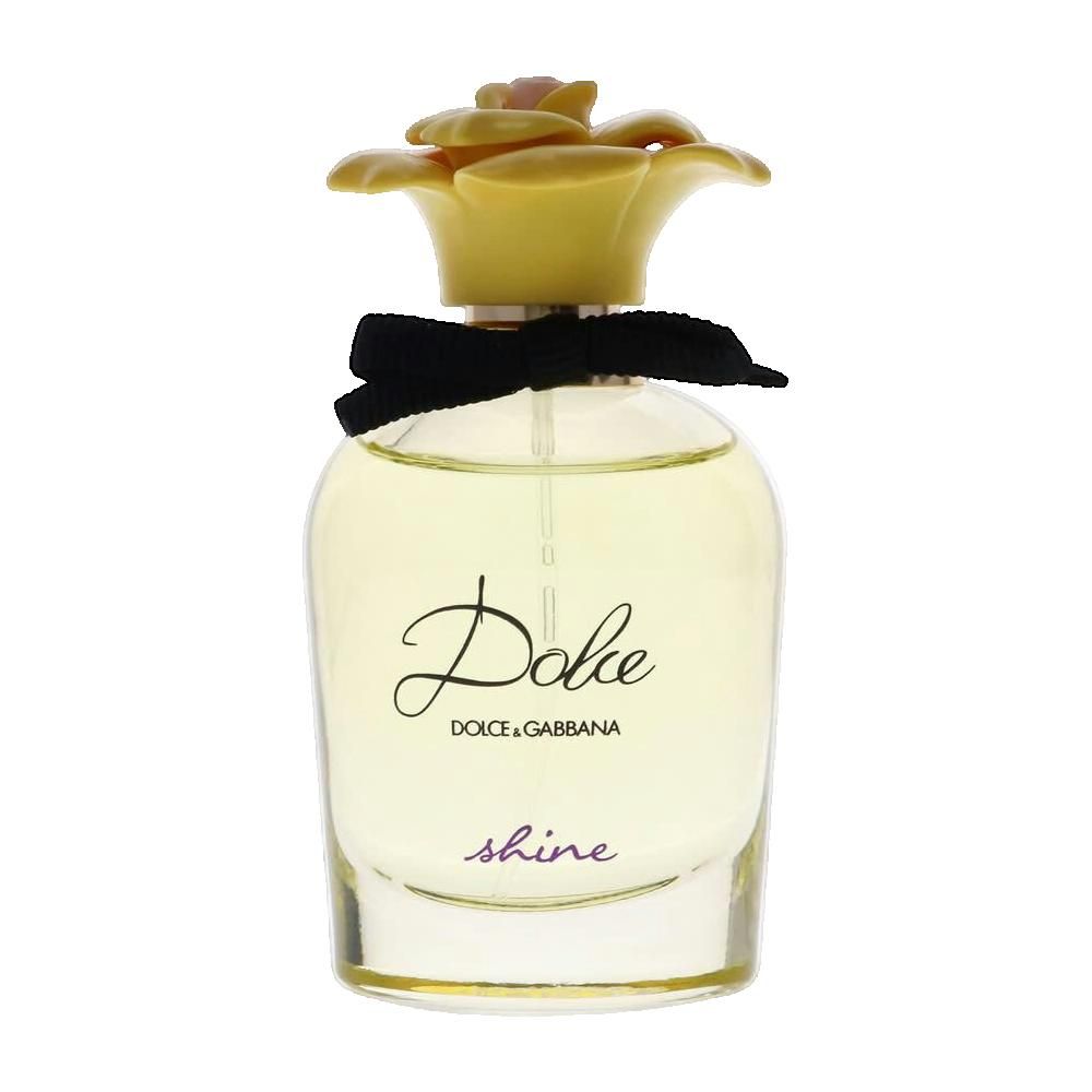 Parfümflasche mit gelbem Blütenverschluss und schwarzer Schleife. Aufschrift "Dolce" und "shine".