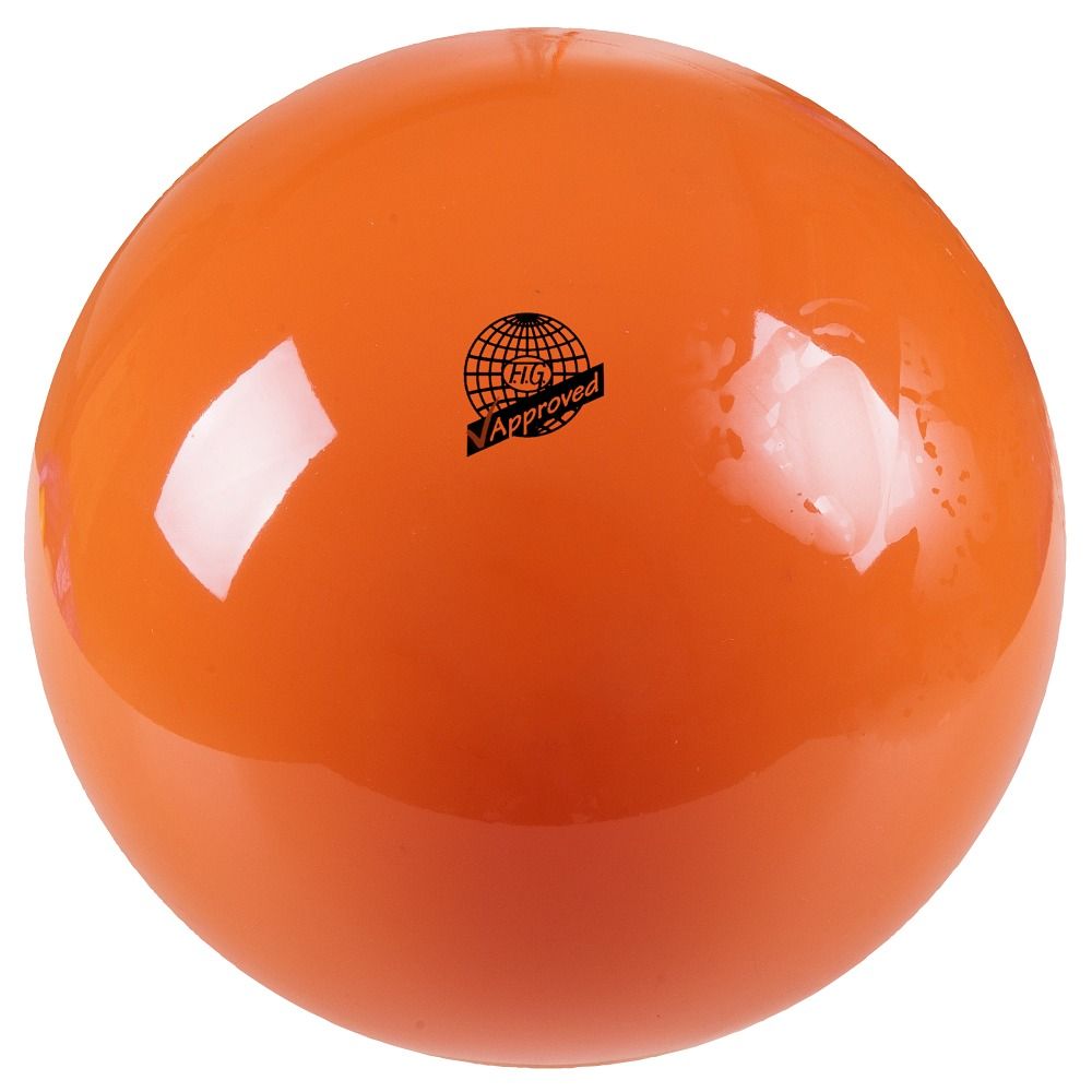 Orangener Gymnastikball mit FIG-Logo. Glatte Oberfläche. Rundes Produkt.