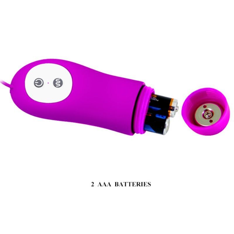 Lila Vibrations-Ei mit geöffnetem Batteriefach. 2 AAA-Batterien. Fernbedienung mit zwei Knöpfen.