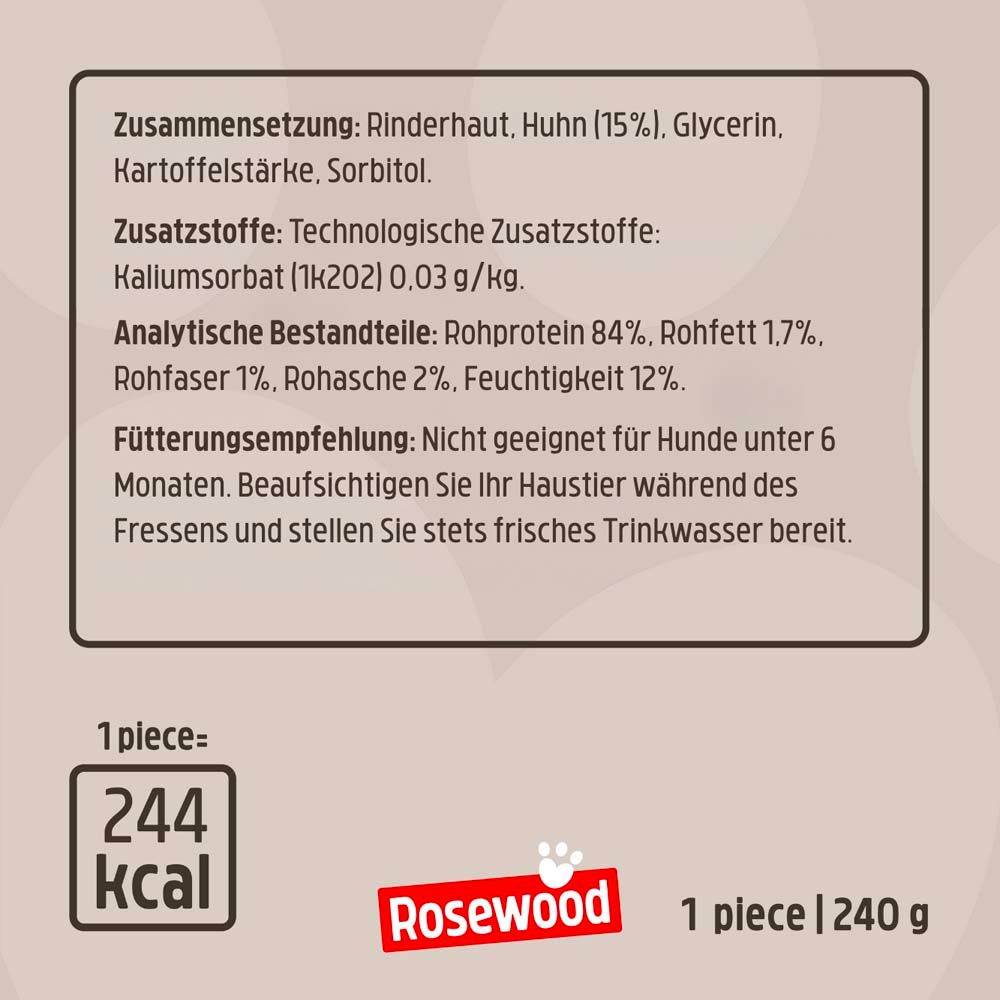 Nahaufnahme der Zutatenliste und Nährwertangaben. 244 kcal pro Stück. Marke Rosewood.