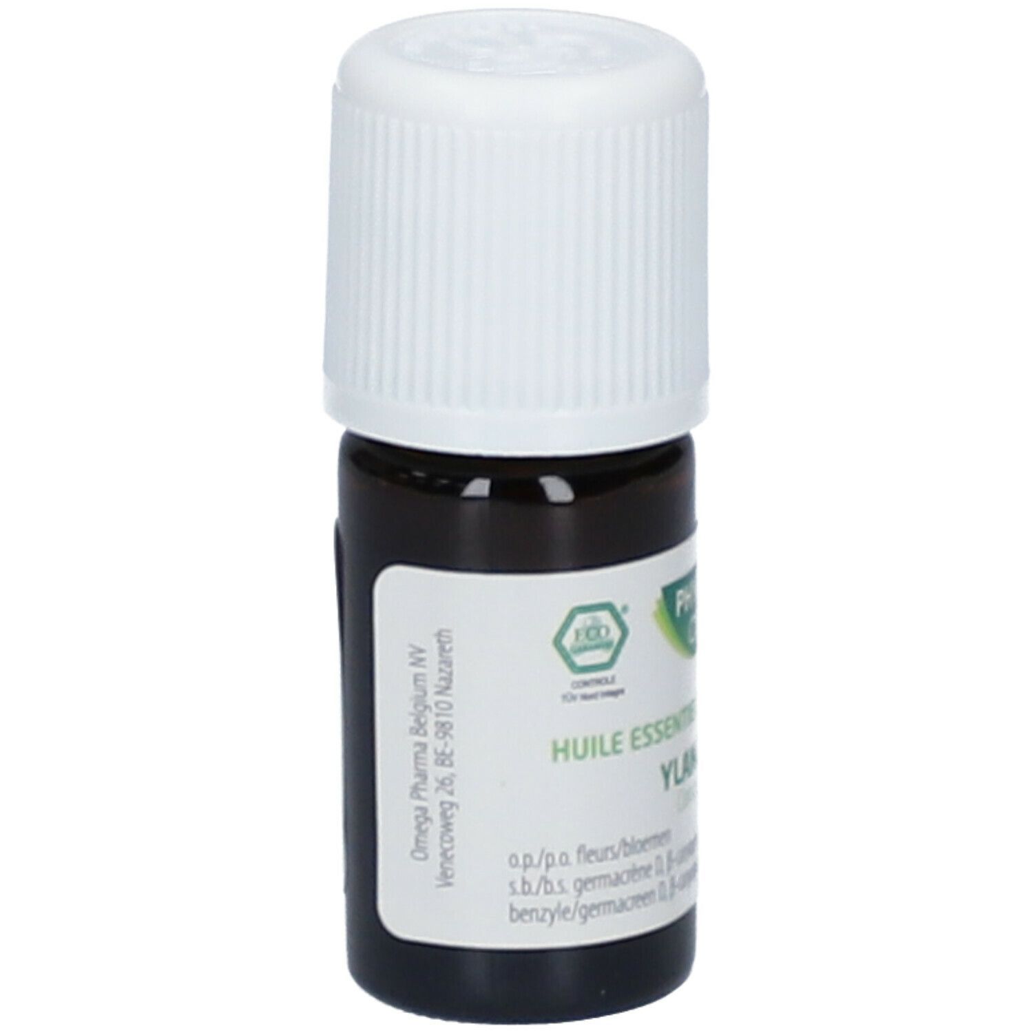 Flacon en verre brun avec bouchon blanc. Étiquette: Phytosun, Huile essentielle Ylang-Ylang, Eco.