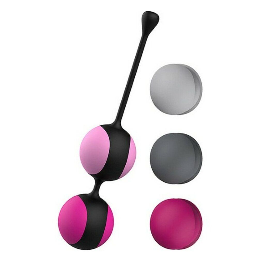 Kegel Workout System mit zwei rosa Kugeln und drei weiteren Kugeln. Schwarzer Griff. Kugeln in Grau und Rosa.