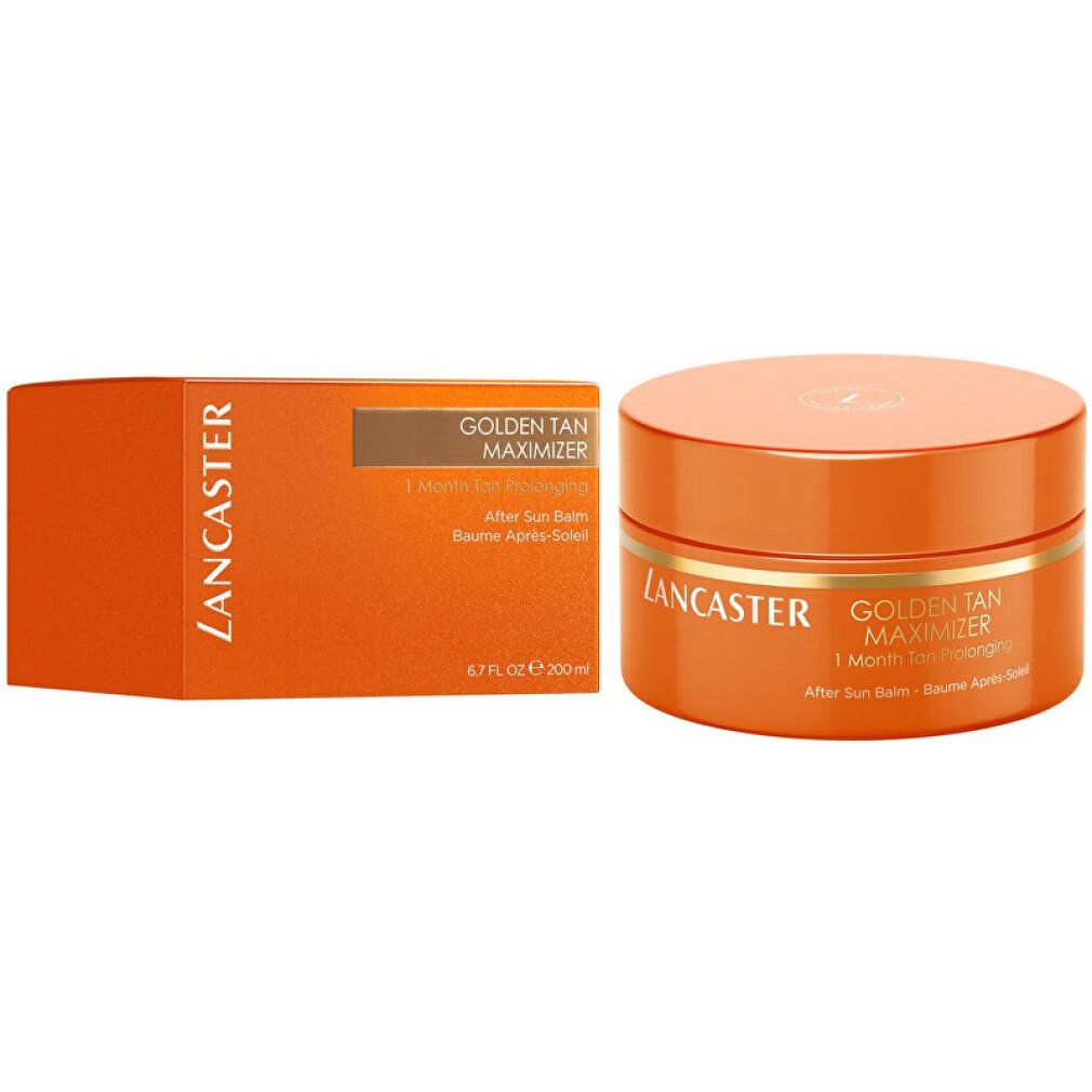 Orangefarbene Schachtel und Tiegel. Aufschrift: Lancaster, Golden Tan Maximizer, After Sun Balm. 6.7 FL OZ 200 ml.
