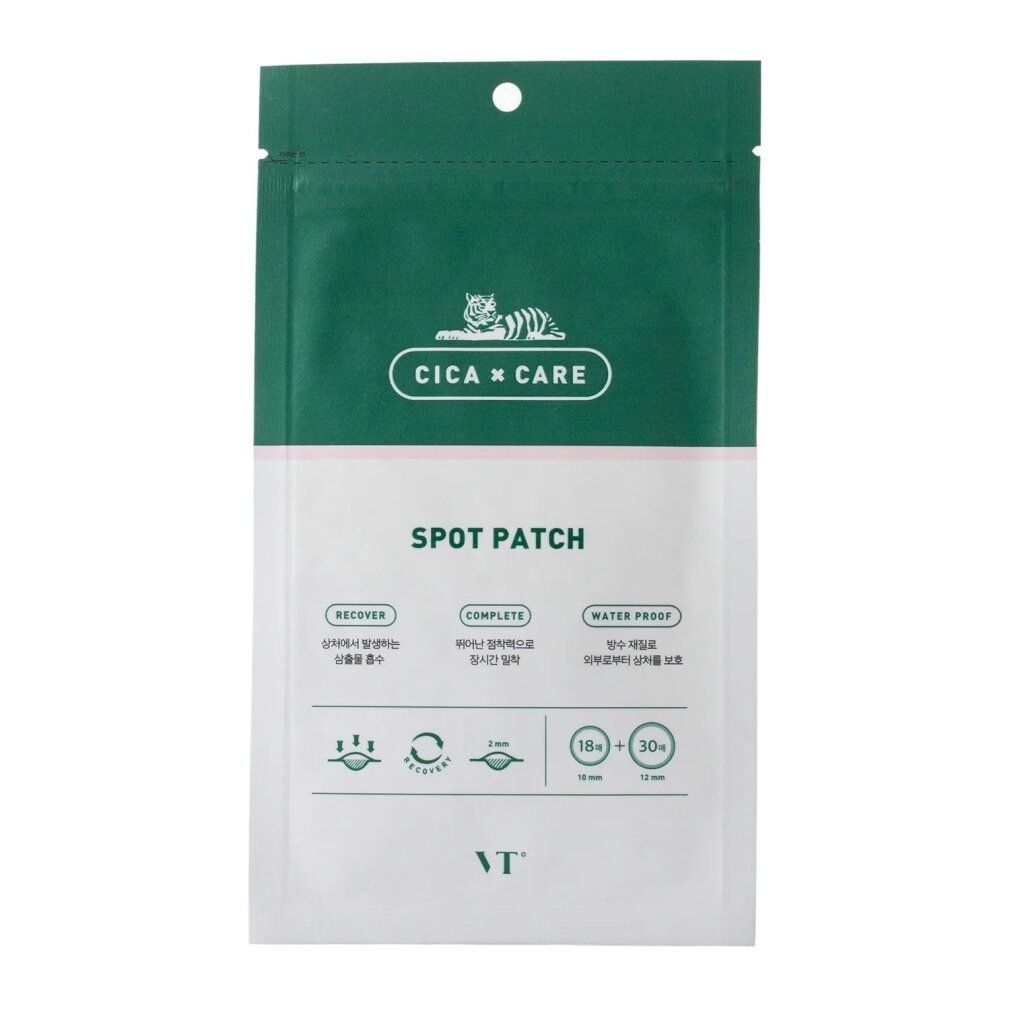 VT Cosmetics Cica Spot Patch Packung mit Informationen zu Erholung, Vollständigkeit und Wasserdichtigkeit.