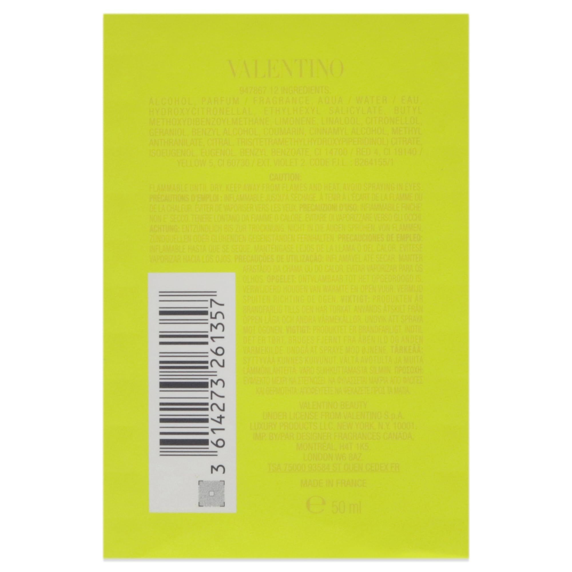 Gelbe Schachtel mit Produktinformationen. Aufschrift: VALENTINO. Barcode und Volumenangabe: 50ml.