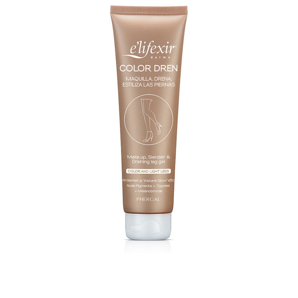 Beige Tube mit Produktnamen und Bein-Illustration. Text: Color Dren, Make up, Slender & Draining leg gel.