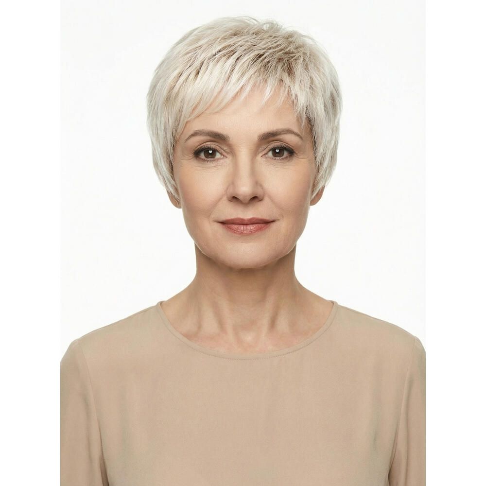 Kurzhaarperücke in Blond. Frontale Ansicht einer Frau mit Perücke. Helles Haar, seitlicher Pony. Beige Oberteil.