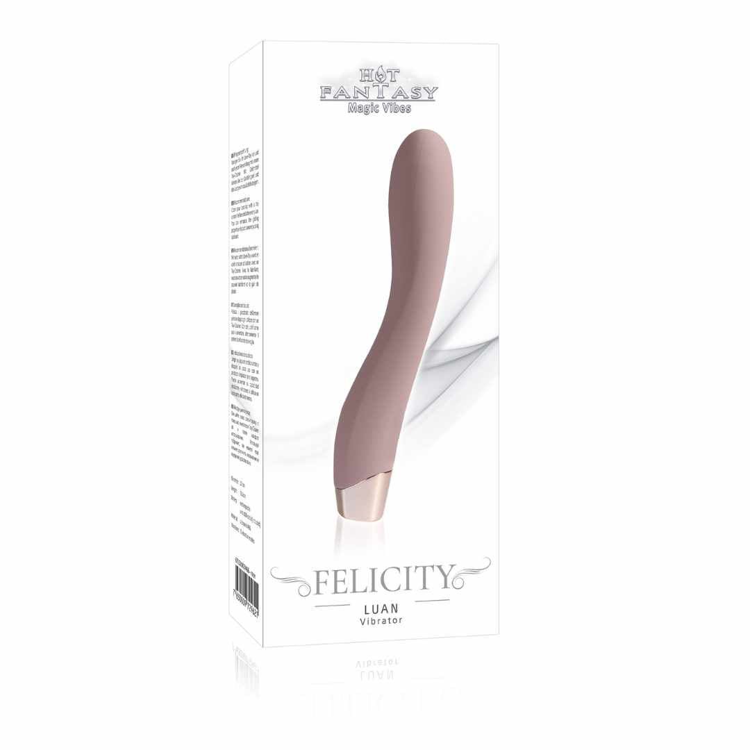Verpackung mit rosa Vibrator-Abbildung. Schriftzug FELICITY und HOT FANTASY. Produktname: Luan Vibrator.