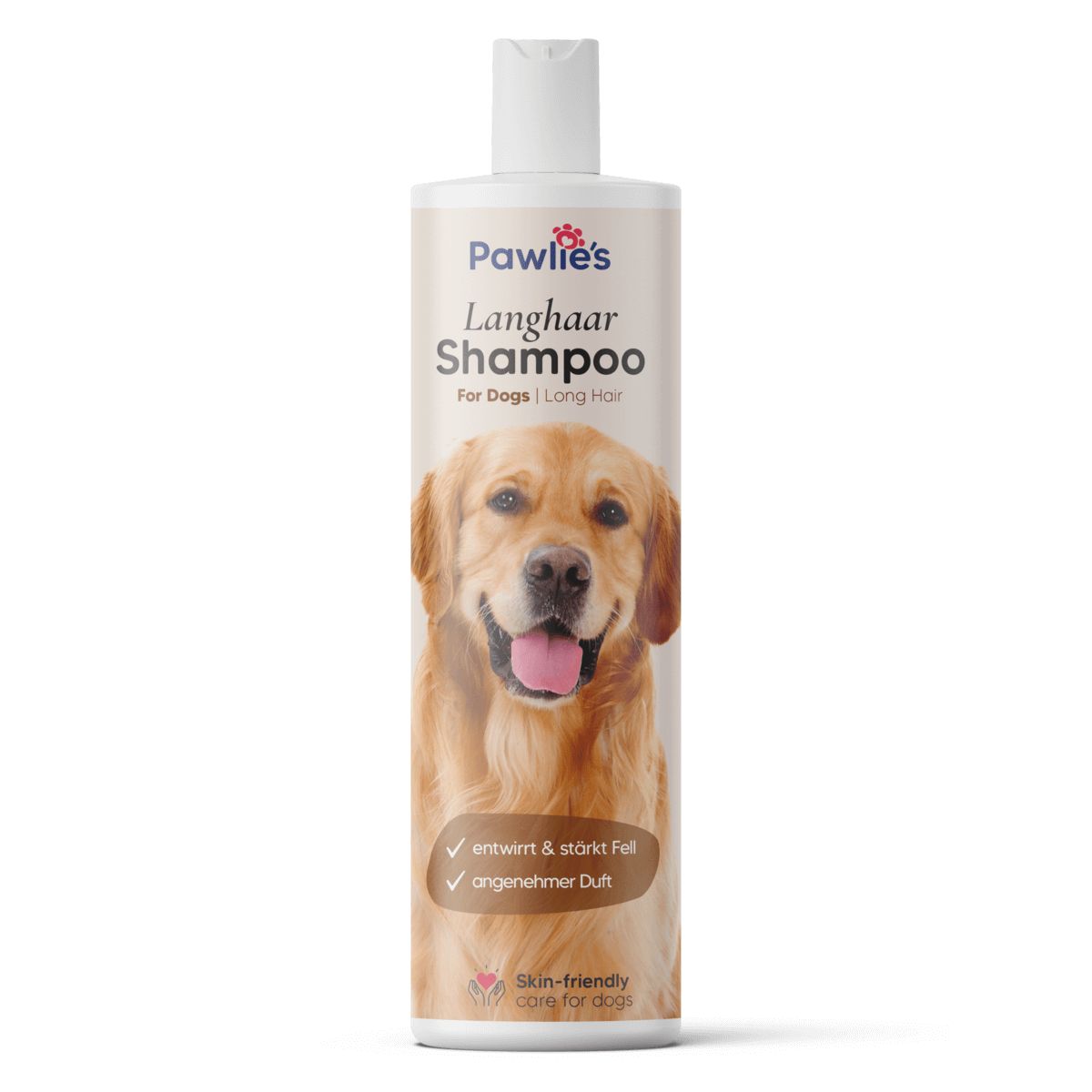 Weiße Flasche mit Pawlie's Hunde Shampoo Langehaar. Aufdruck: Hund, Text. Skin-friendly care for dogs. Mit Siegel.