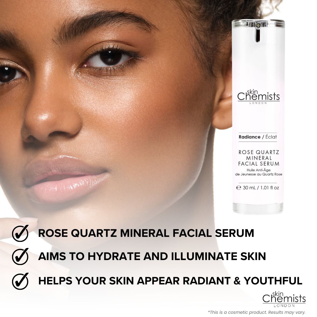 Produkt und Gesicht. Text: Rose Quartz Mineral Facial Serum, Aims to hydrate and illuminate skin, Helps your skin appear radiant & youthful.