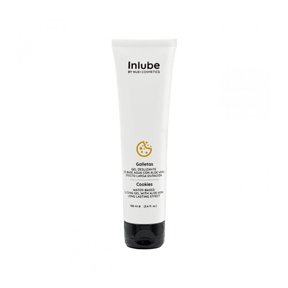 Weißes Tube mit schwarzem Verschluss. Aufschrift: Inlube by NUEI Cosmetics. Text: Cookies, Gleitgel mit Aloe Vera.