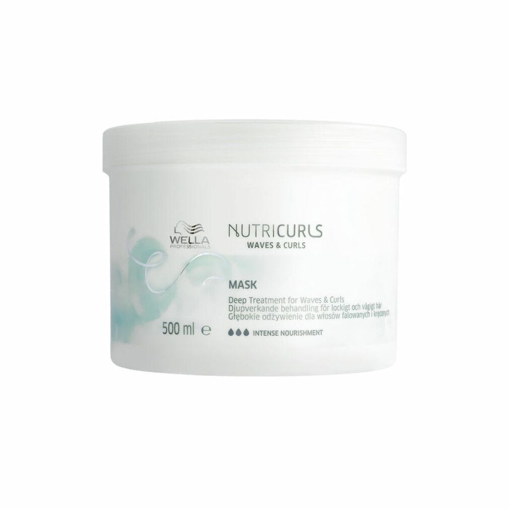 Weißer Tiegel Wella Nutricurls Maske. Aufschrift: Nutricurls Waves & Curls, Mask, 500 ml. Blaue Wellen-Grafik.