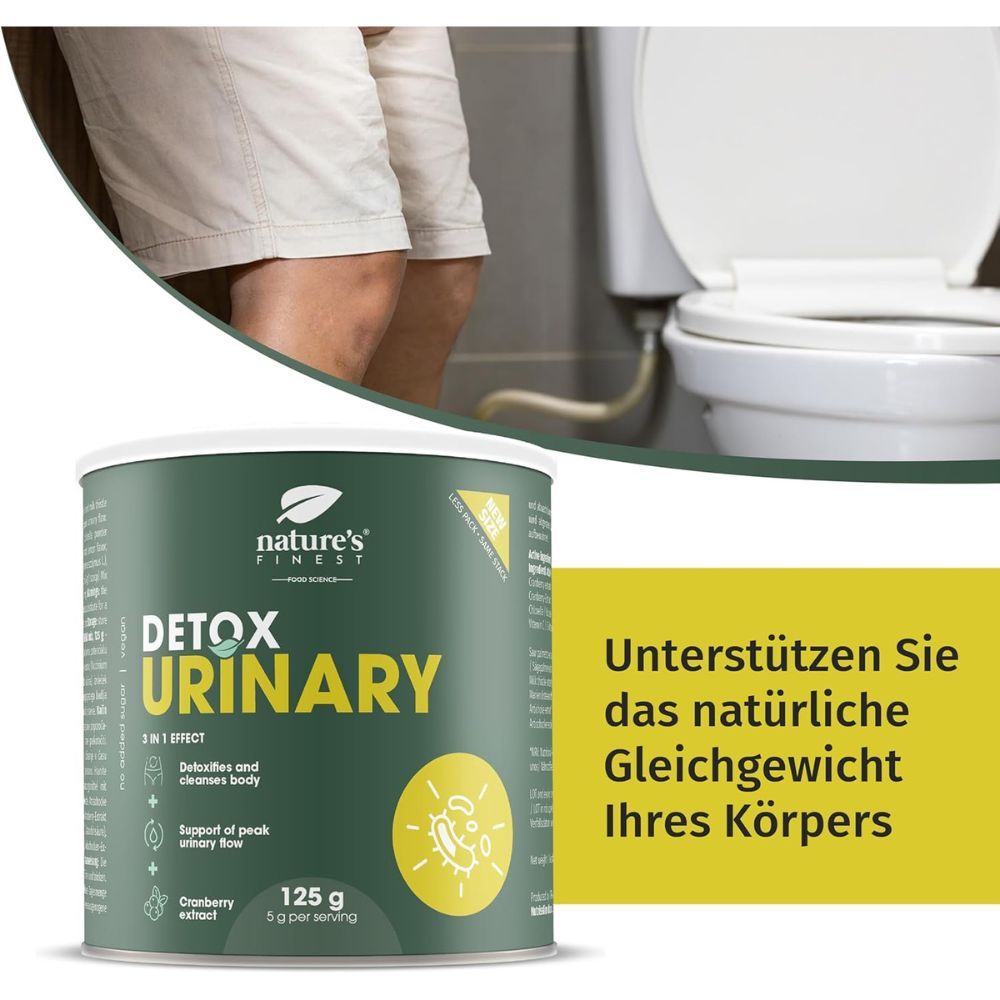 Dose Detox Urinary neben Toilette. Text: Unterstützen Sie das natürliche Gleichgewicht Ihres Körpers. Marke: Nature's Finest.