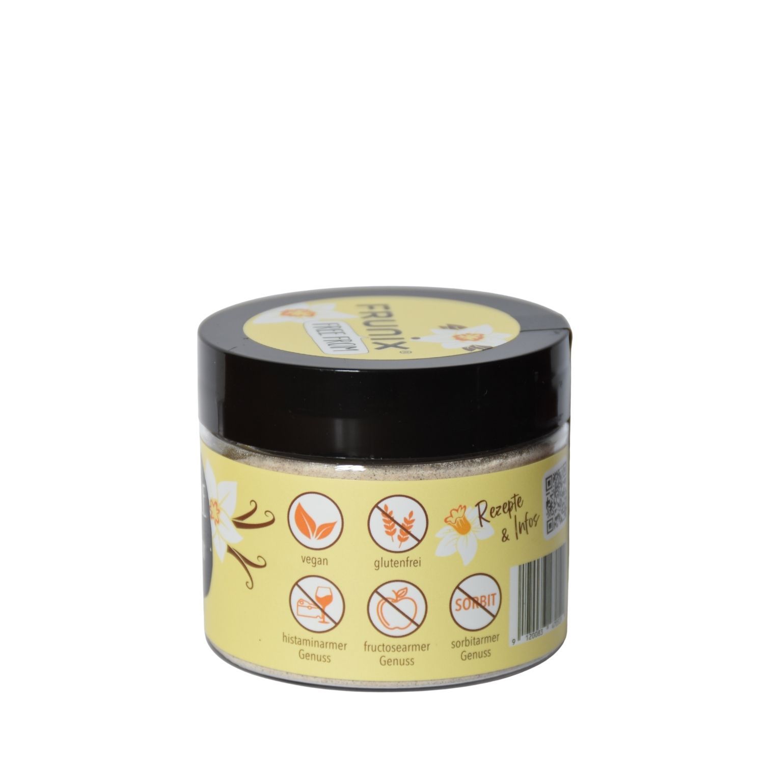 Rückseite eines Glases mit schwarzem Deckel. Gelbes Etikett mit Symbolen für vegan, glutenfrei, etc. und QR-Code.