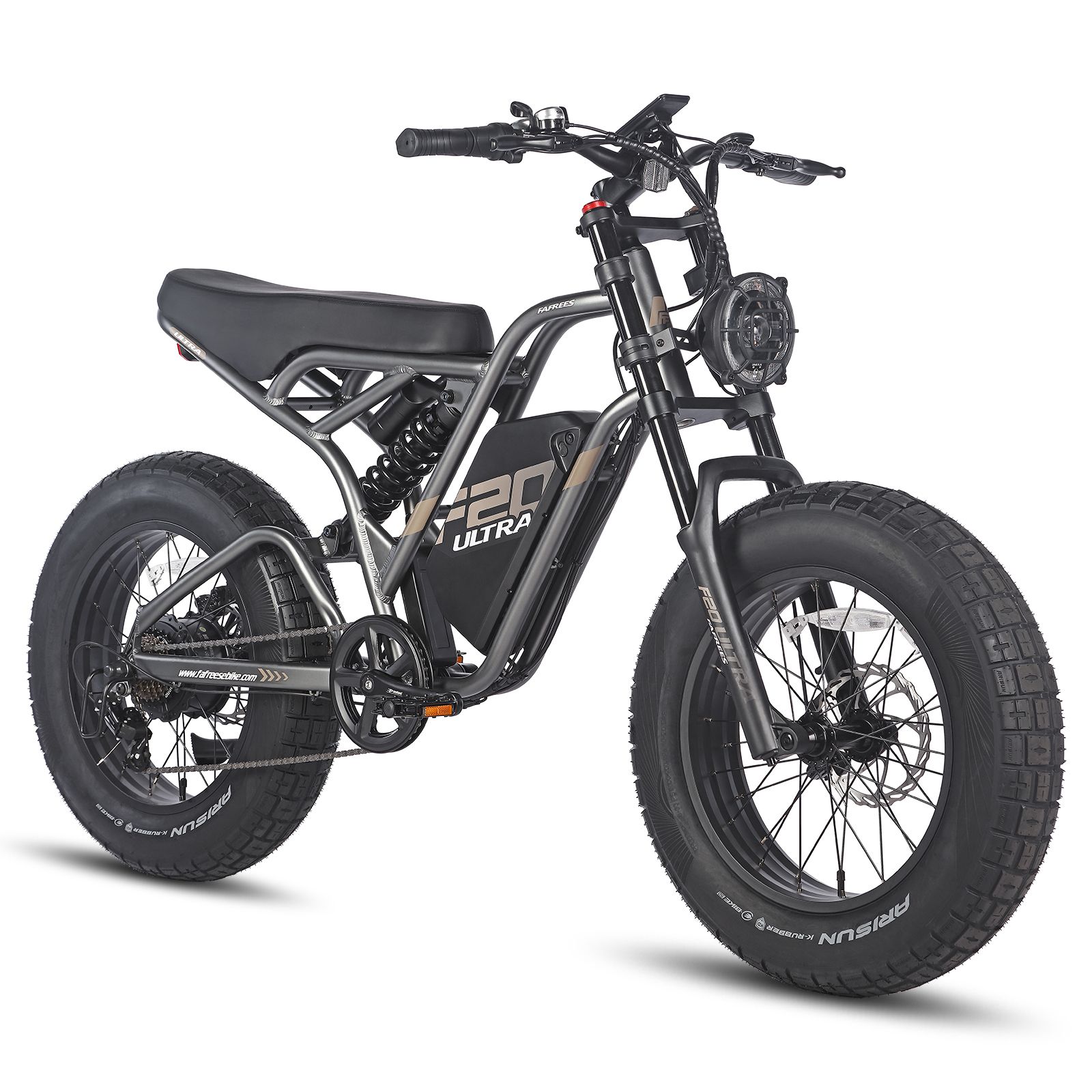 Graues E-Dirtbike mit schwarzen Reifen. Sichtbar: Sattel, Motor, Scheinwerfer, F20 Ultra-Logo.