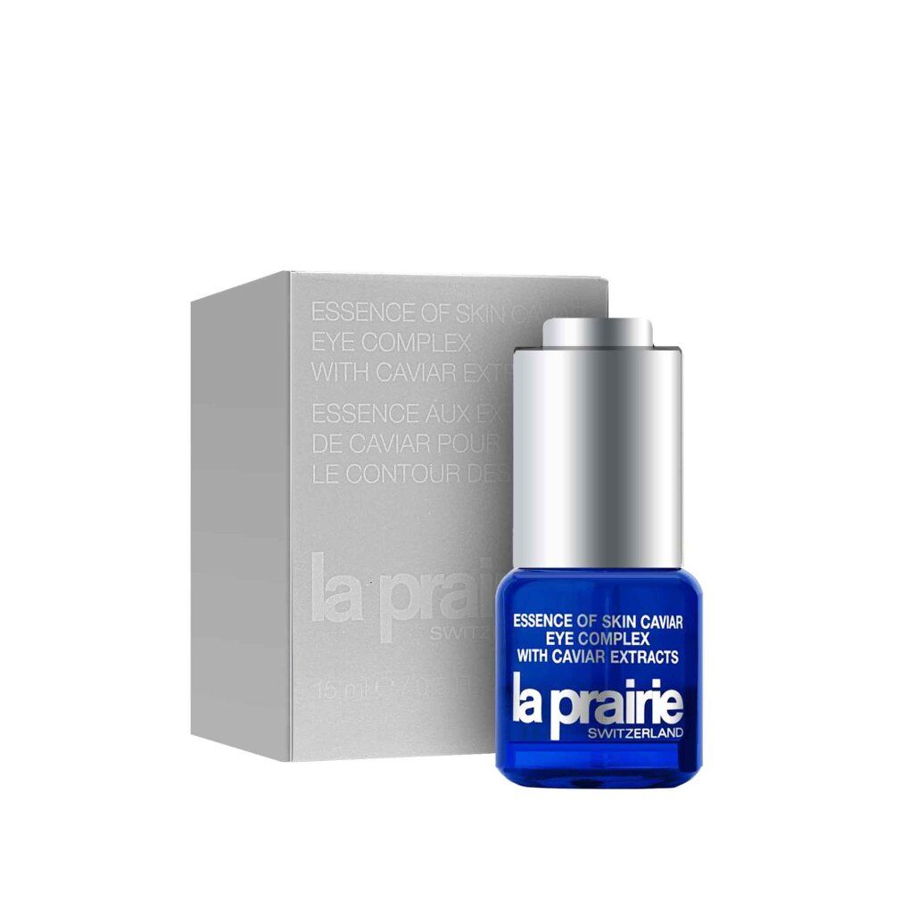 Blaues Fläschchen mit silberfarbenem Deckel und weißer Verpackung. Aufschrift: Essence of Skin Caviar Eye Complex, La Prairie.