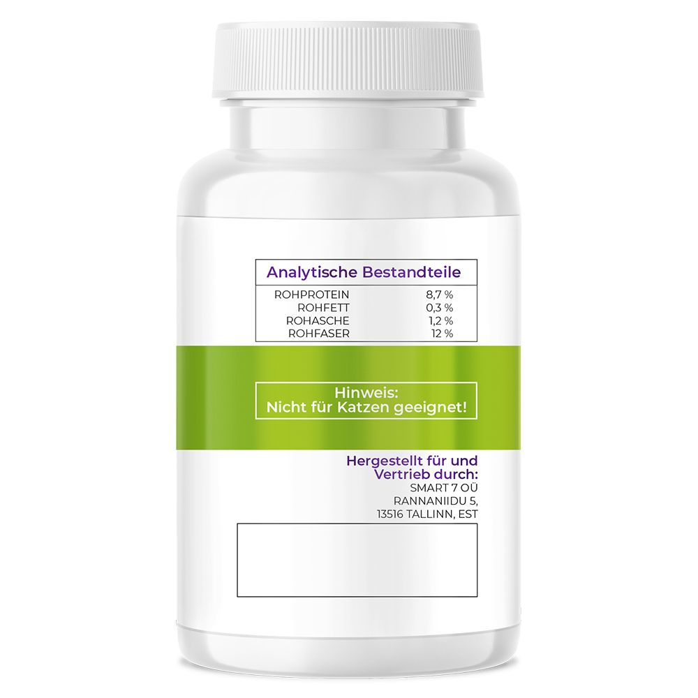Weiße Flasche mit grünem Etikett. Text: Analytische Bestandteile, Hinweis: Nicht für Katzen geeignet! Herstellerinformationen.