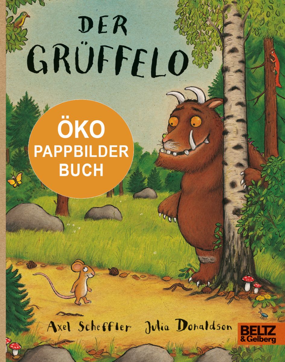 Buch "Der Grüffelo" mit Illustrationen. Titel, Autoren und Verlag sichtbar. Aufkleber "Öko PAPPBILDER BUCH".