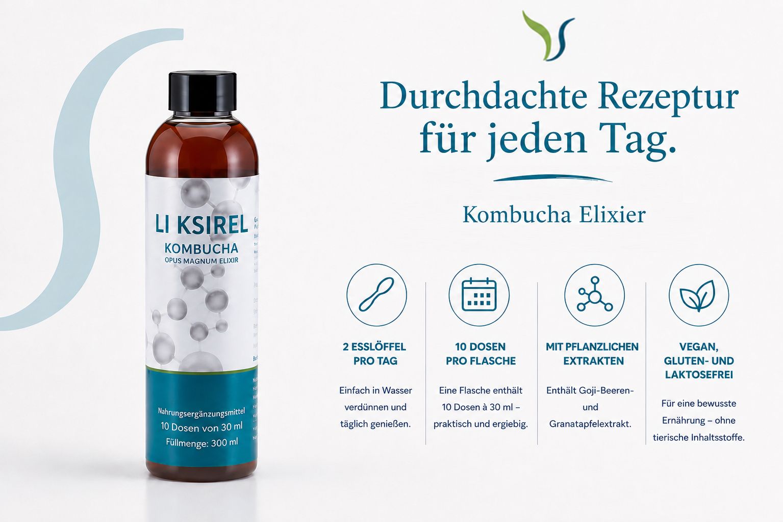 Flasche des Produkts neben Text über durchdachte Rezeptur für jeden Tag, Kombucha Elixier.