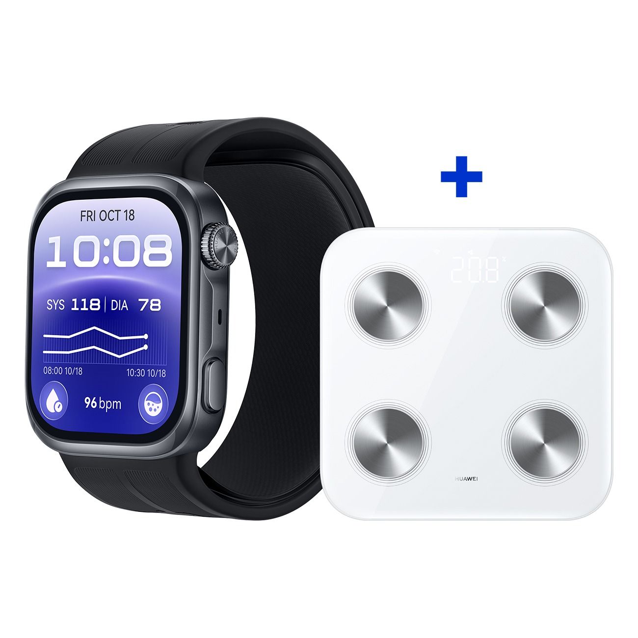 Smartwatch mit schwarzem Armband und digitale Personenwaage mit vier Sensoren.