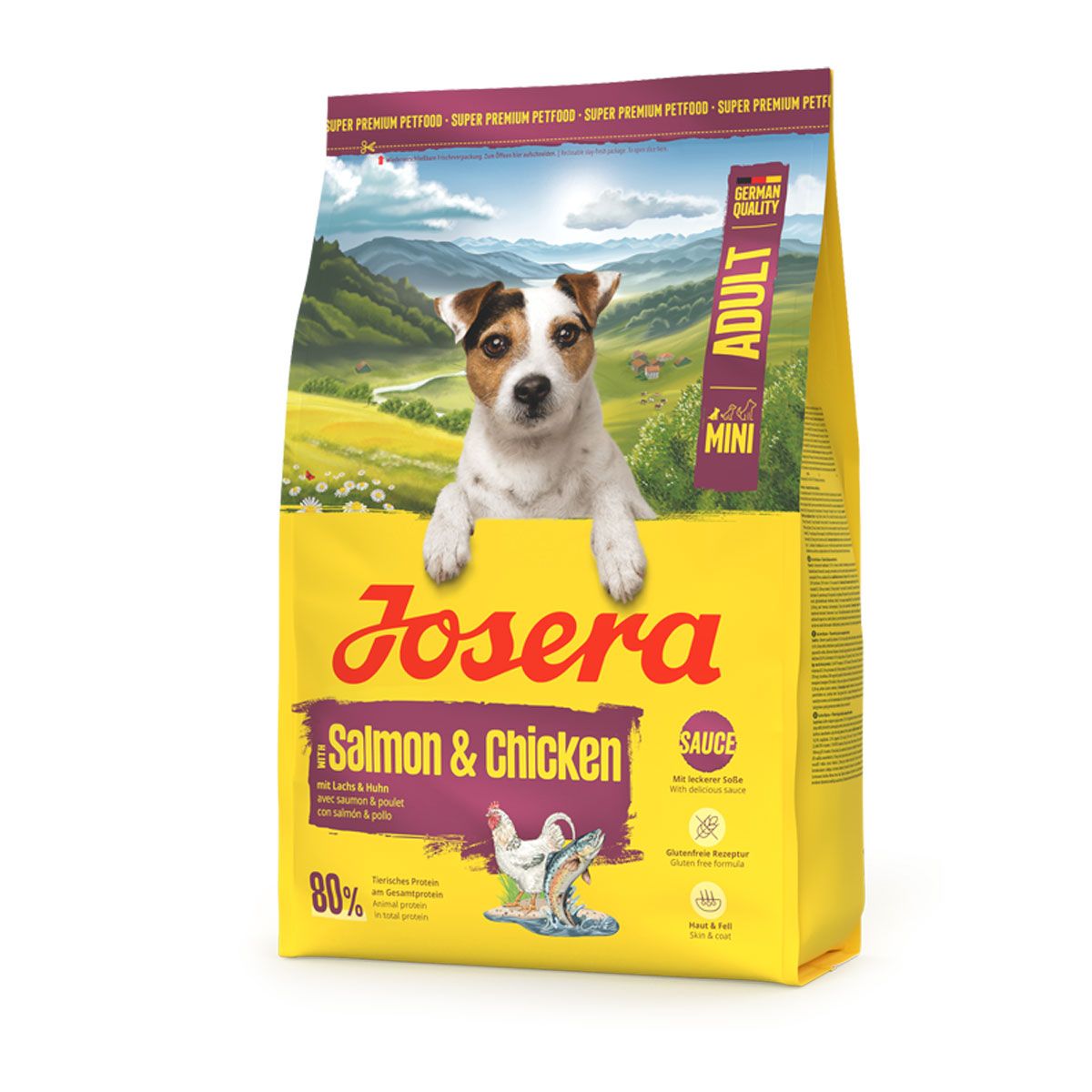 Josera Mini Lachs & Huhn Hundefutter-Sack mit einem Jack Russell Terrier Welpen.