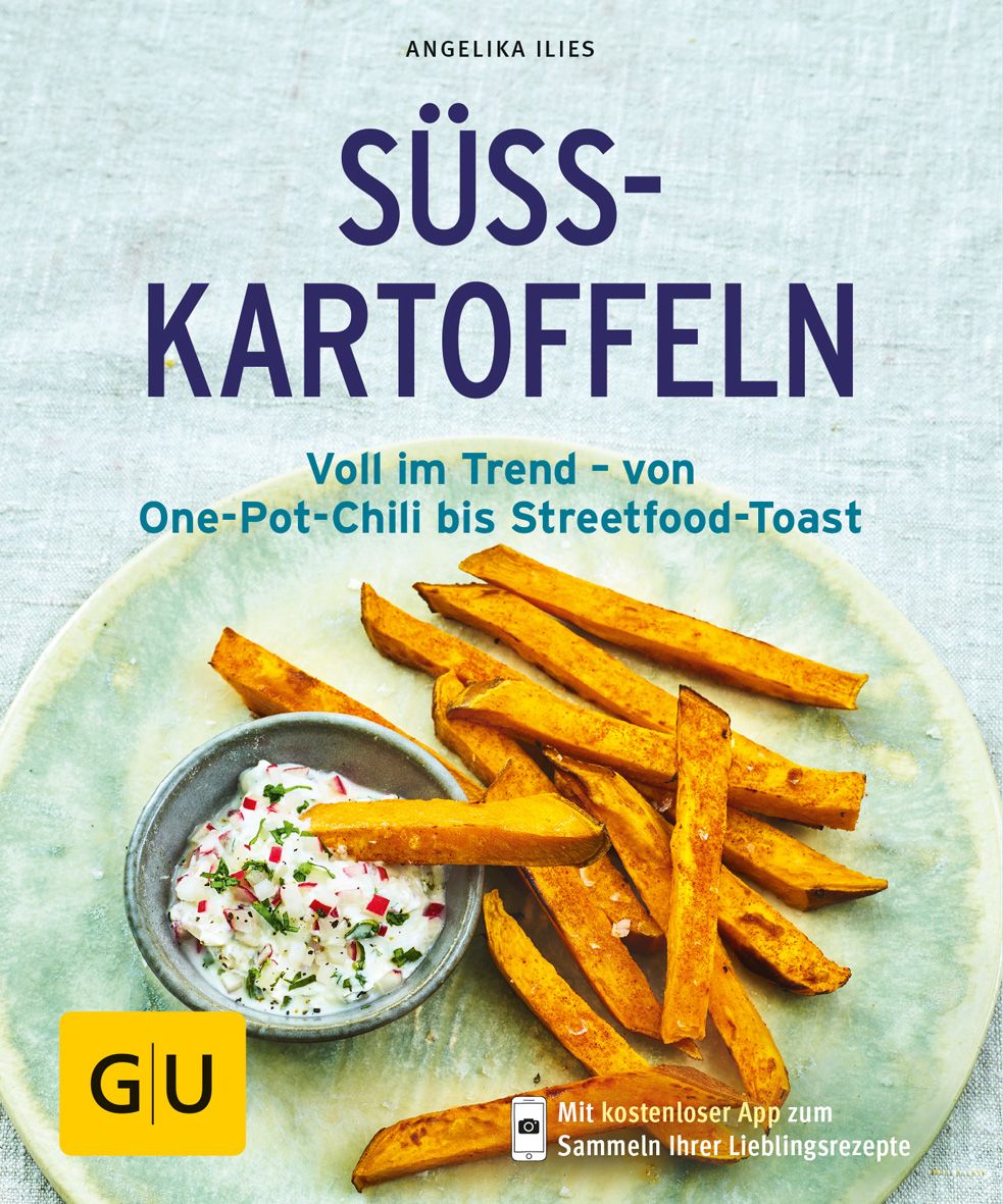 Buchcover mit dem Titel „Süßkartoffeln“. Gebratene Süßkartoffel-Pommes auf einem Teller, daneben ein Dip. GU-Logo.