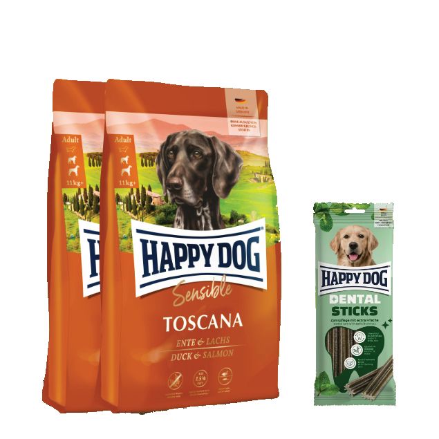 Happy Dog Supreme Sensible Toscana Doppelpack + Dental Sticks für Hunde 25,1 kg