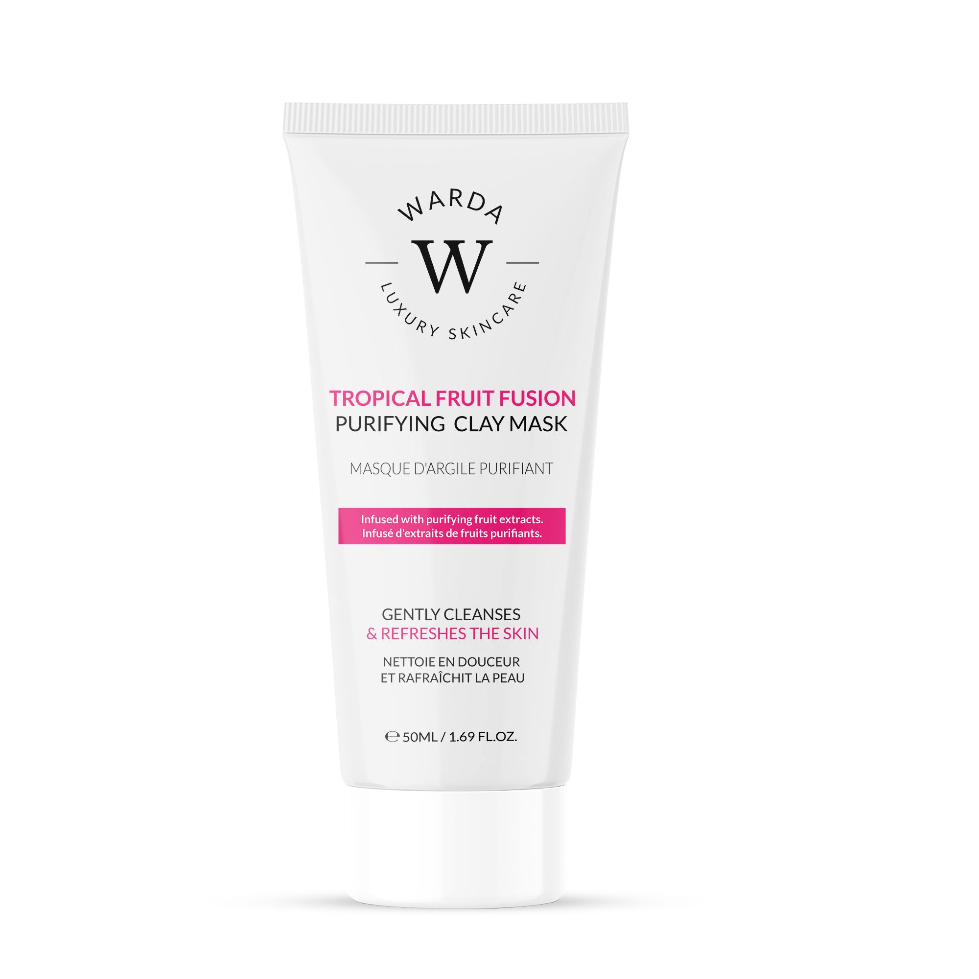 Weiße Tube mit Produktbeschriftung. Text: Tropical Fruit Fusion Purifying Clay Mask. Marke: WARDA. Enthält Text in Englisch und Französisch.