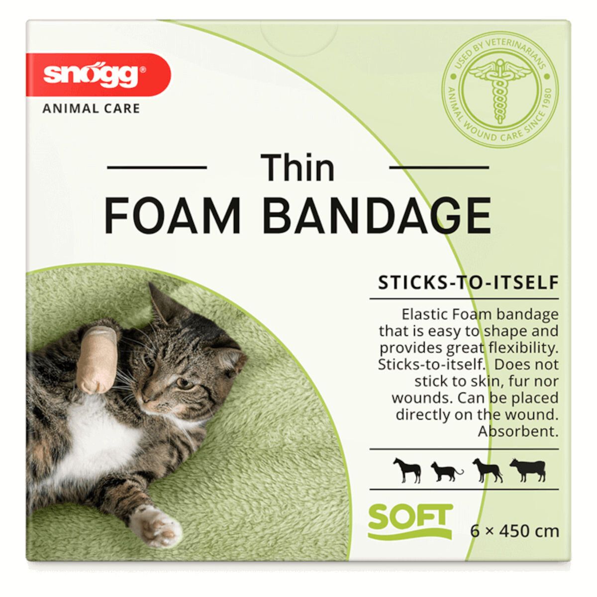 Verpackung mit Snögg Thin Foam Bandage, zeigt Katze mit Verband.