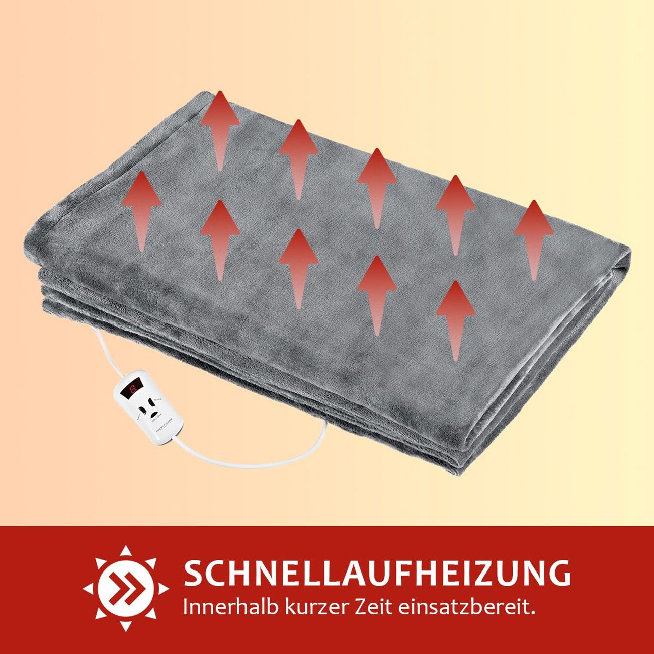 Graue Heizdecke mit roten Pfeilen, die Wärme anzeigen. Weißes Bedienfeld mit digitaler Anzeige.