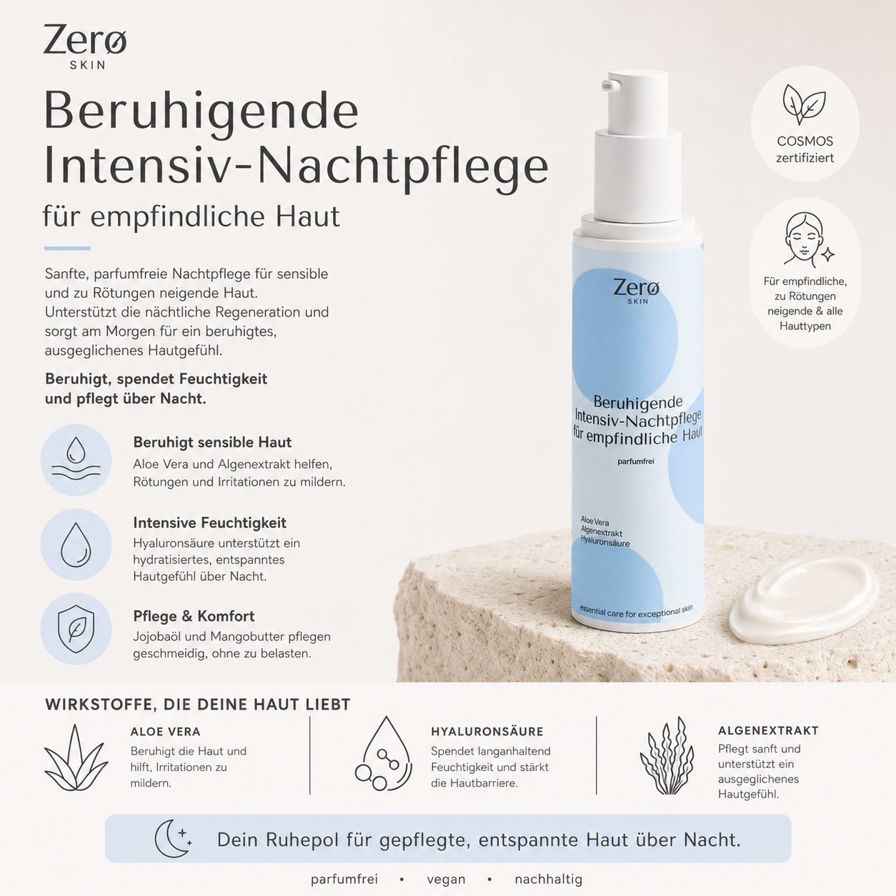 Produkt-Werbefoto. Zero Skin Nachtpflege-Flasche, Text, Inhaltsstoffe, Zertifizierung. Auf Stein platziert.