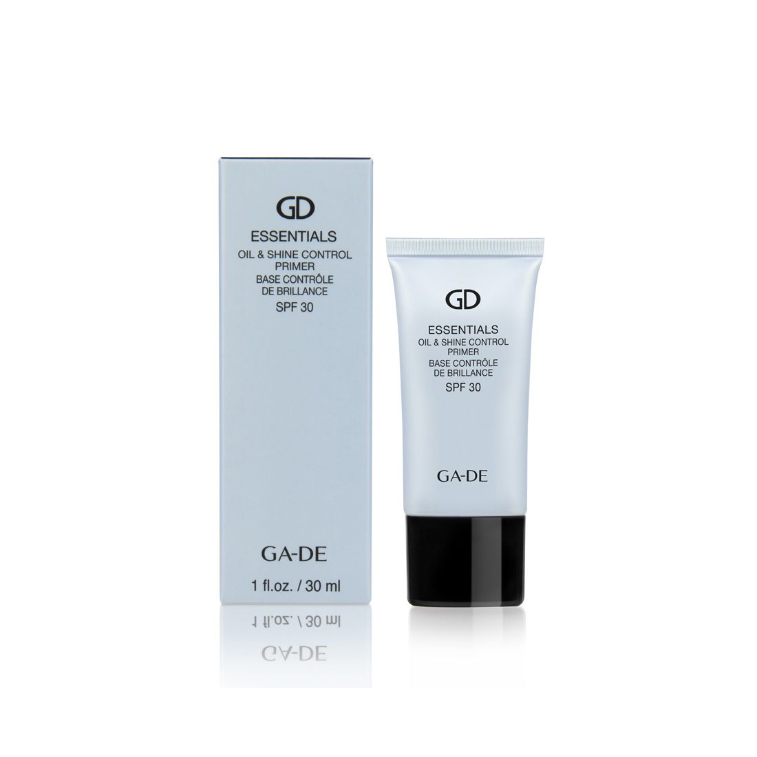 Primer-Tube und Schachtel. Aufschrift: GD Essentials Oil & Shine Control Primer SPF 30. Schwarzer Verschluss.