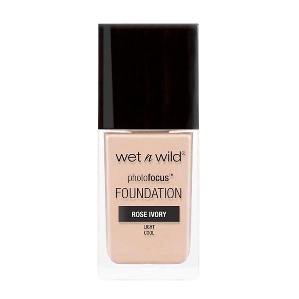 Wet n Wild Photofocus Foundation, Rose Ivory, 30ml Glasflasche mit schwarzem Deckel.