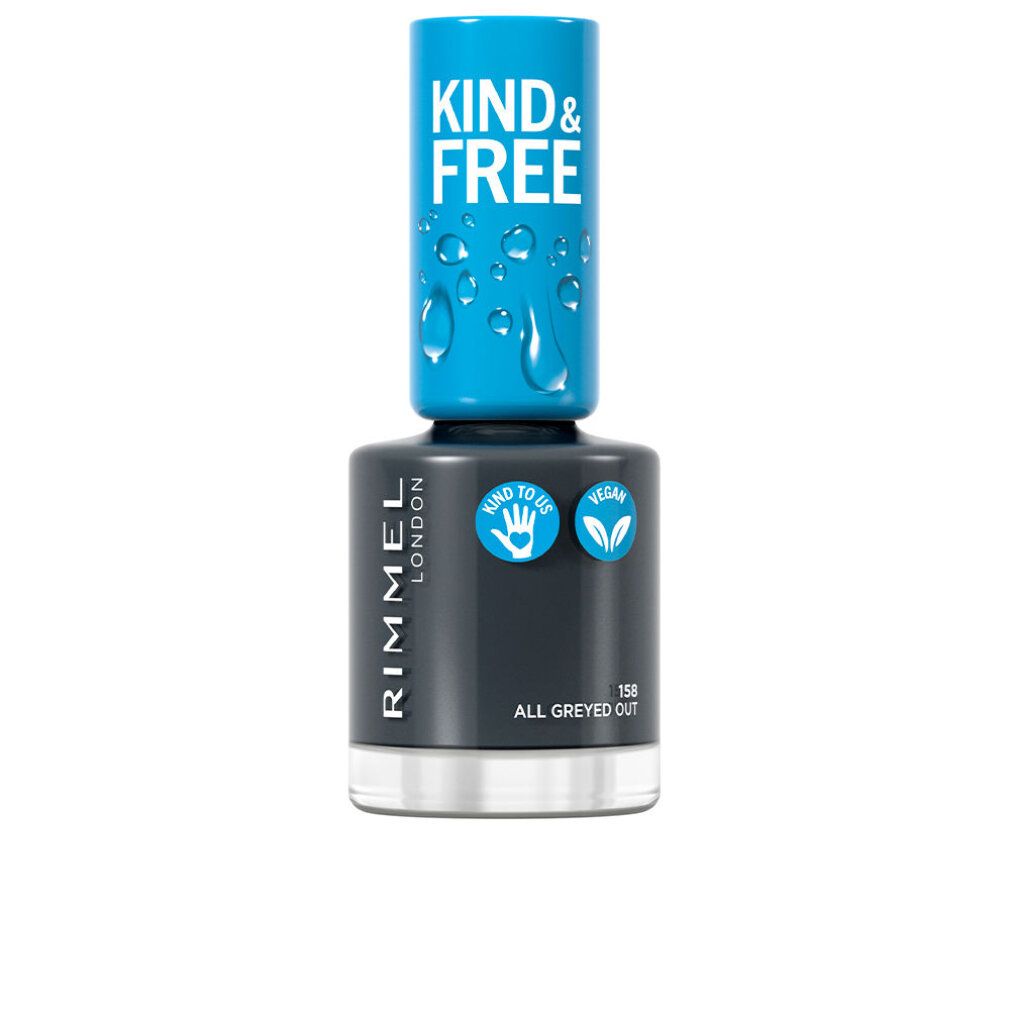 Nagellackflasche, grau. Blauer Deckel mit "KIND & FREE"-Logo. "RIMMEL LONDON" und "ALL GREYED OUT" sichtbar. Vegan-Siegel.