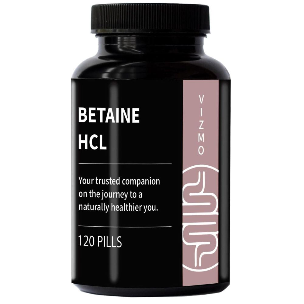 Schwarze Flasche mit Betaine HCL Kapseln. Aufschrift: 120 PILLS. Vizmo Logo und Text auf Etikett.