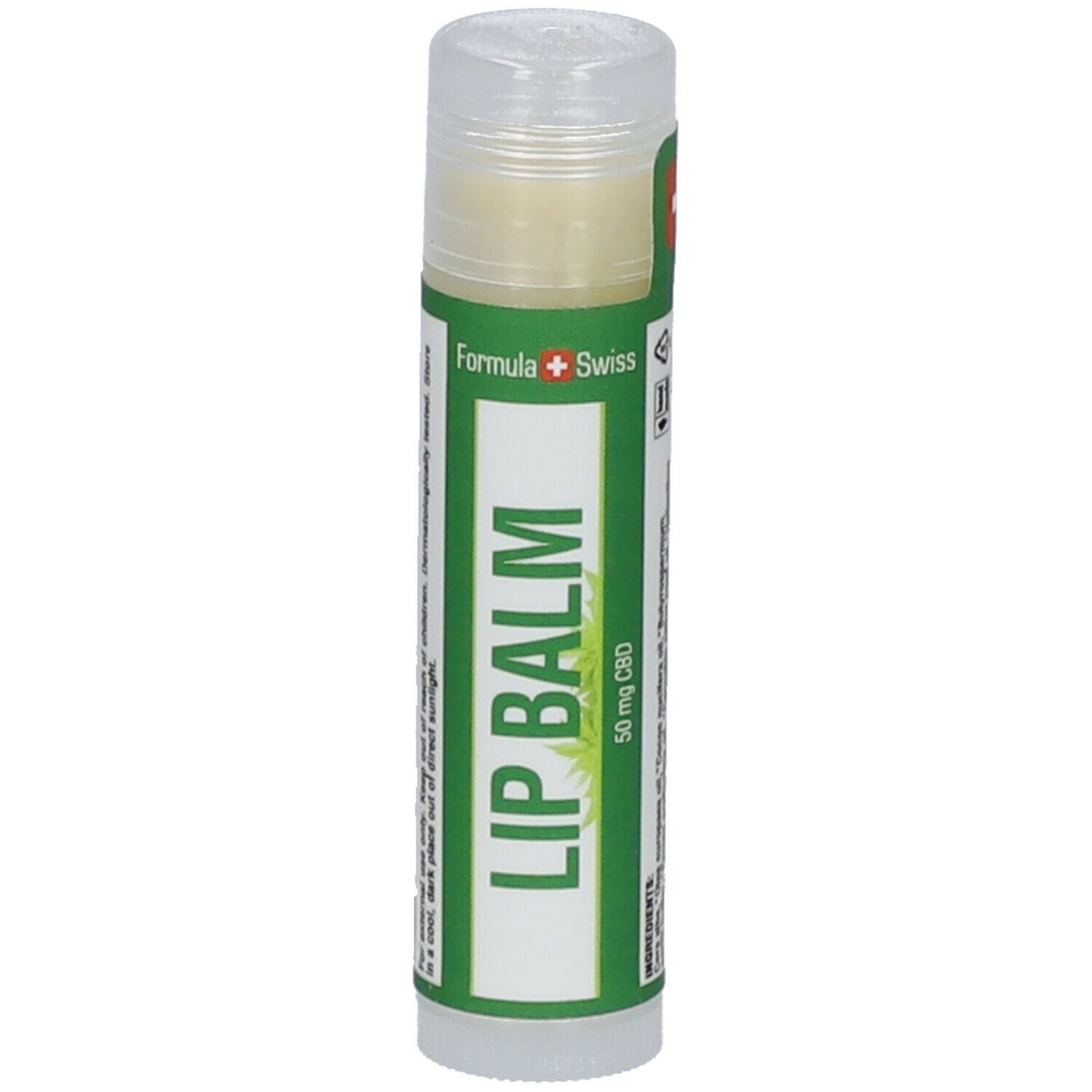 Lippenbalsam-Stift mit grünem Aufkleber. Text: LIP BALM, 50 mg CBD. Schweizer Kreuz.