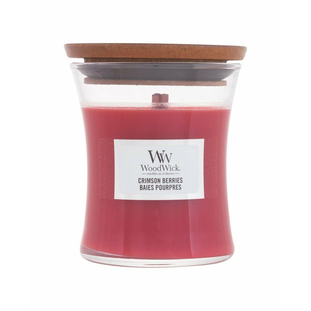 Rote Kerze mit Deckel. Etikett mit WoodWick, Crimson Berries.