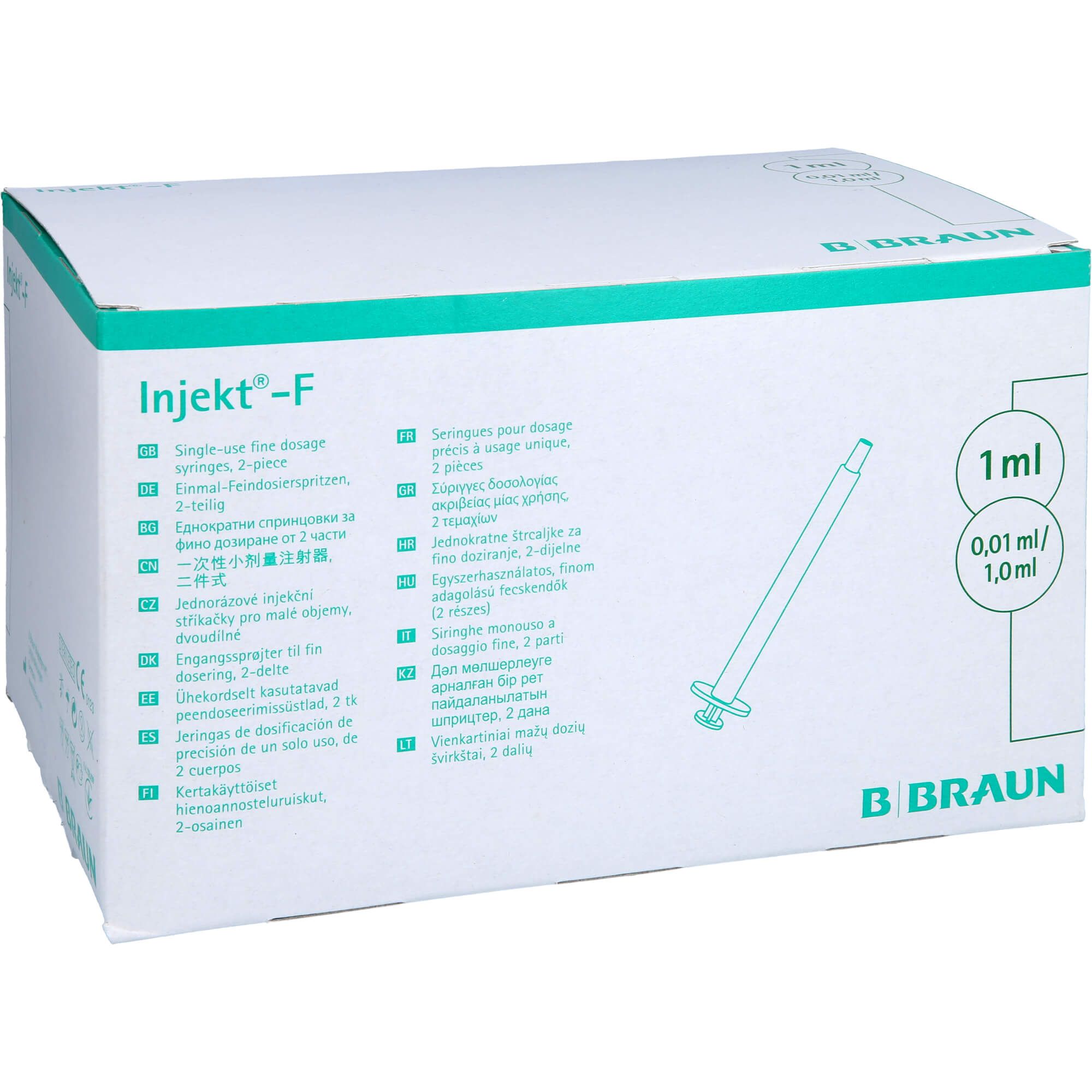 Verpackung mit Spritzen. Aufschrift "Injekt-F" und "1 ml". Marke B. Braun. Mehrsprachige Textfelder.