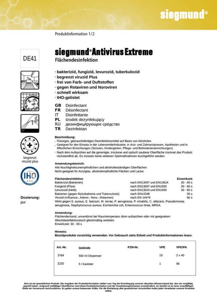 siegmund care Antivirus extreme Flächendesinfektionsmittel (Push-Pull-Flasche 500ml) 500 ml Desinfektionslösung