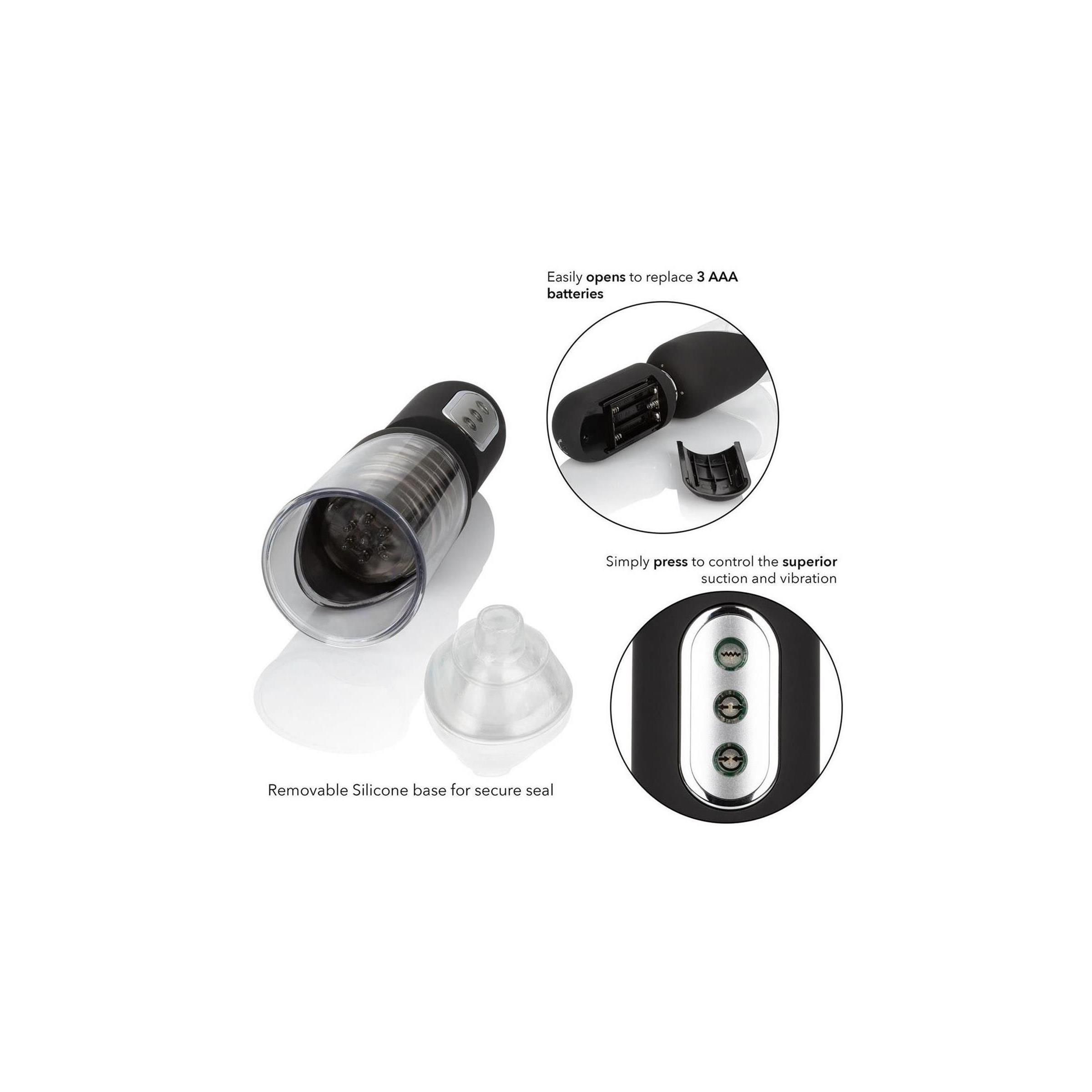 Produkt-Details. Schwarzes Gerät, transparente Teile, Batteriefach. Text: Removable Silicone base for secure seal.