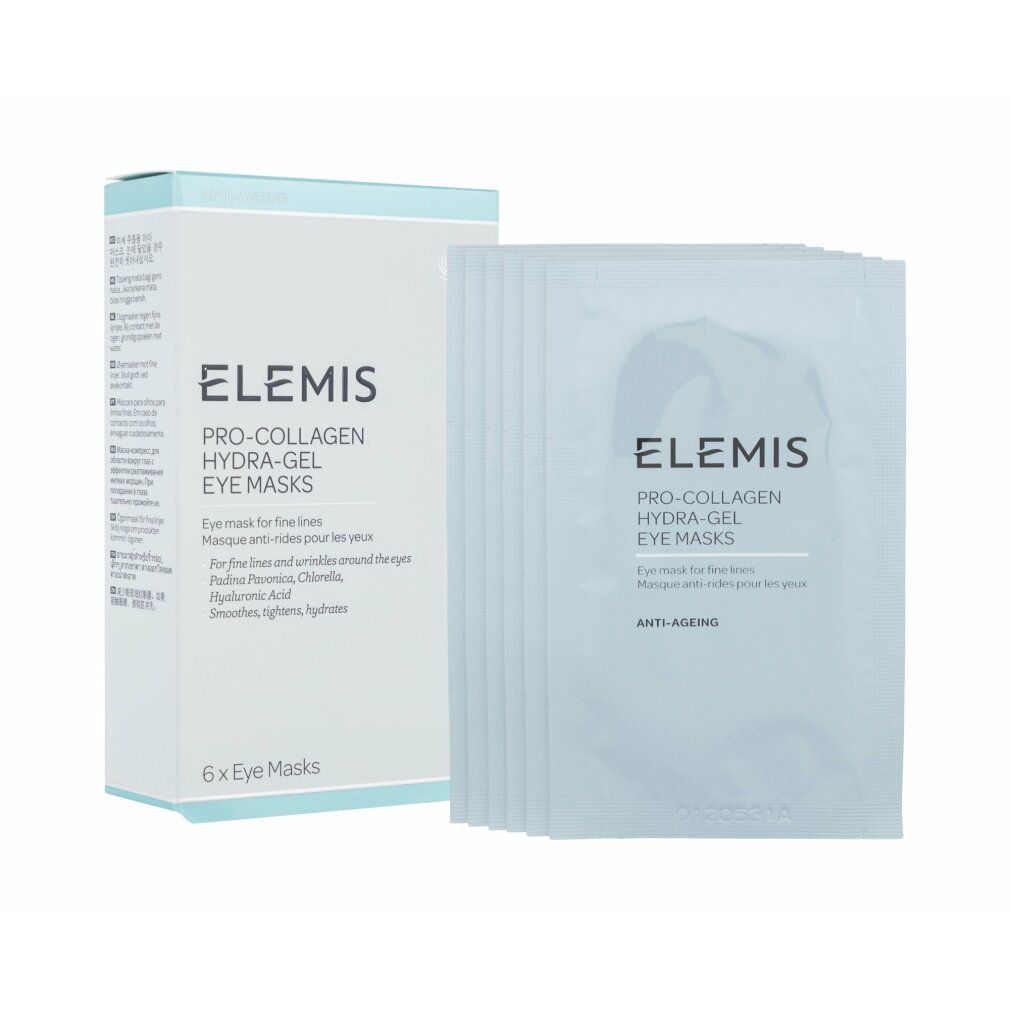 Produktverpackung und Einzelverpackungen. Auf der Verpackung steht "ELEMIS PRO-COLLAGEN HYDRA-GEL EYE MASKS".