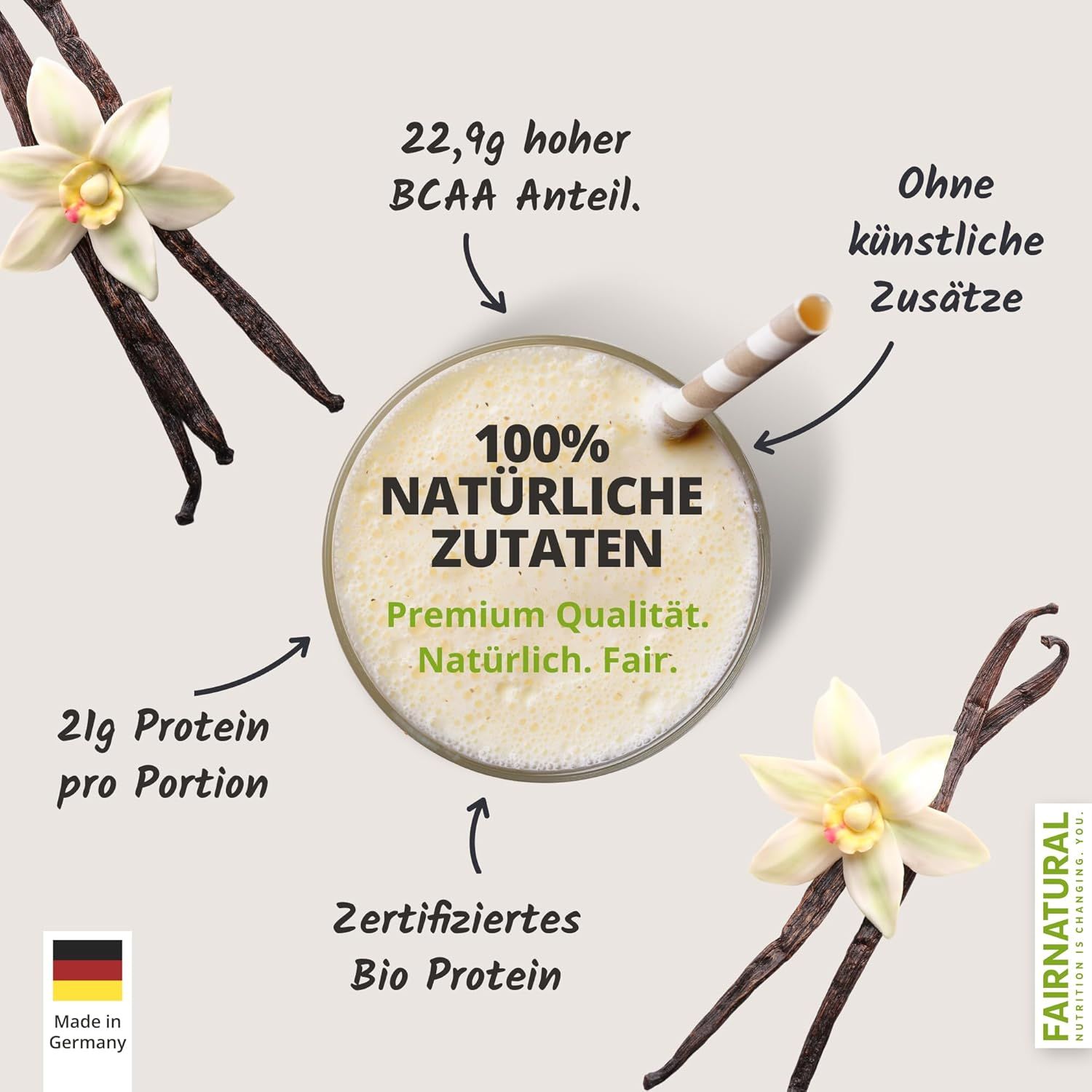 Glas mit Getränk, umgeben von Vanilleschoten und Blüten. Text: 100% natürliche Zutaten, 21g Protein pro Portion.