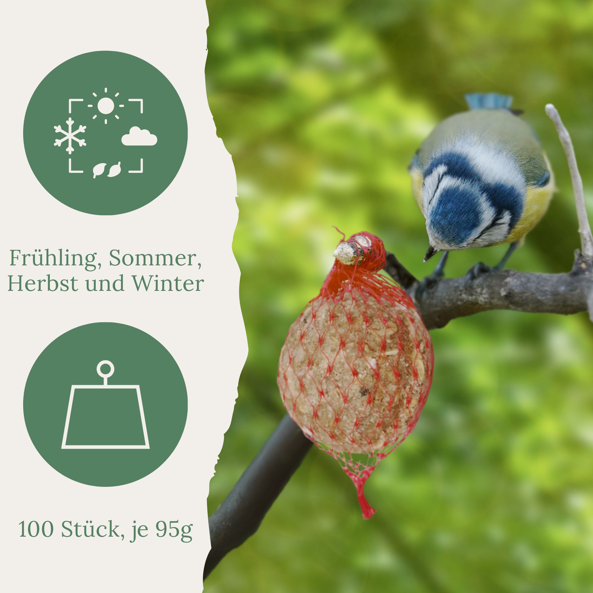 Ein Meisenknödel in rotem Netz hängt an einem Ast. Daneben Symbole für Frühling, Sommer, Herbst und Winter. 100 Stück je 95g.