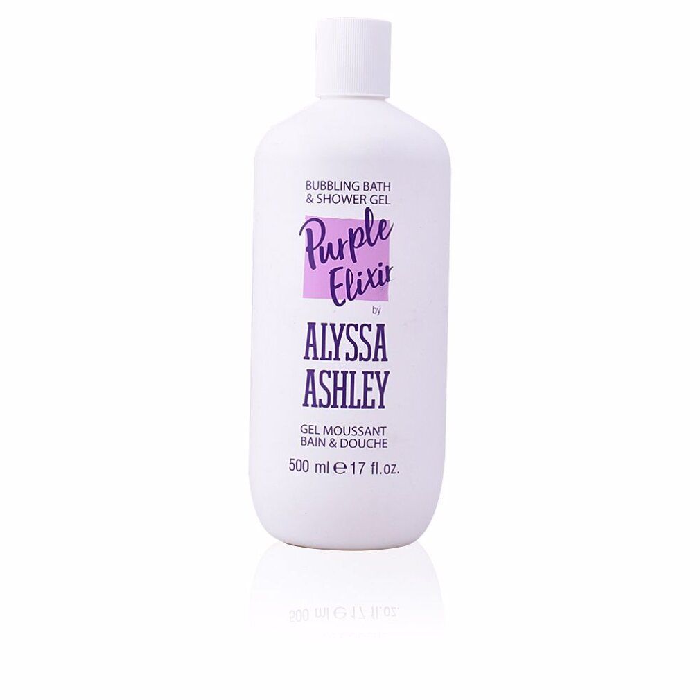Weißes Fläschchen mit lila Etikett. Aufschrift: Purple Elixir by Alyssa Ashley. Gel moussant bain & douche. 500 ml.