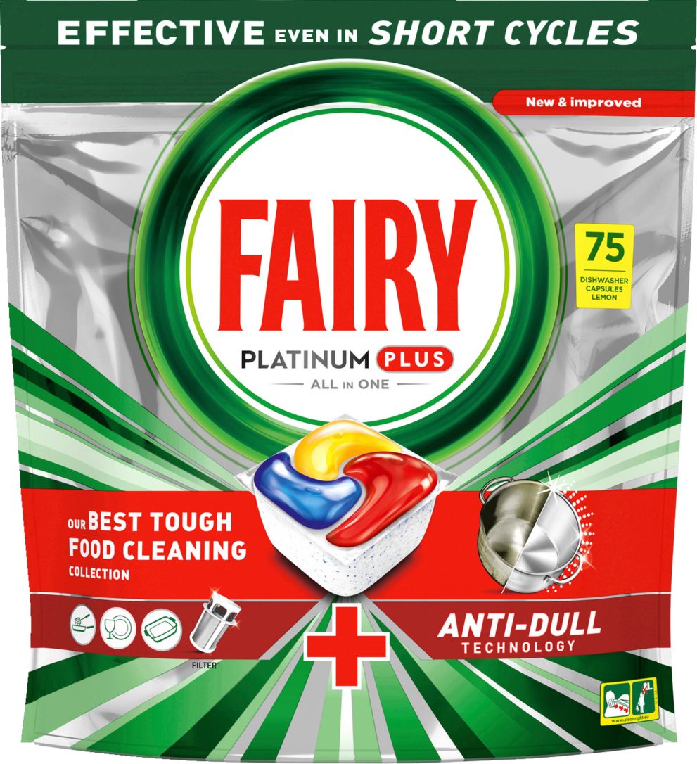 Fairy Platinum Plus All In One Spülmaschinentabs-Packung. Grün-weißes Design mit Produktlogo und Tab-Abbildung. Enthält 75 Tabs.