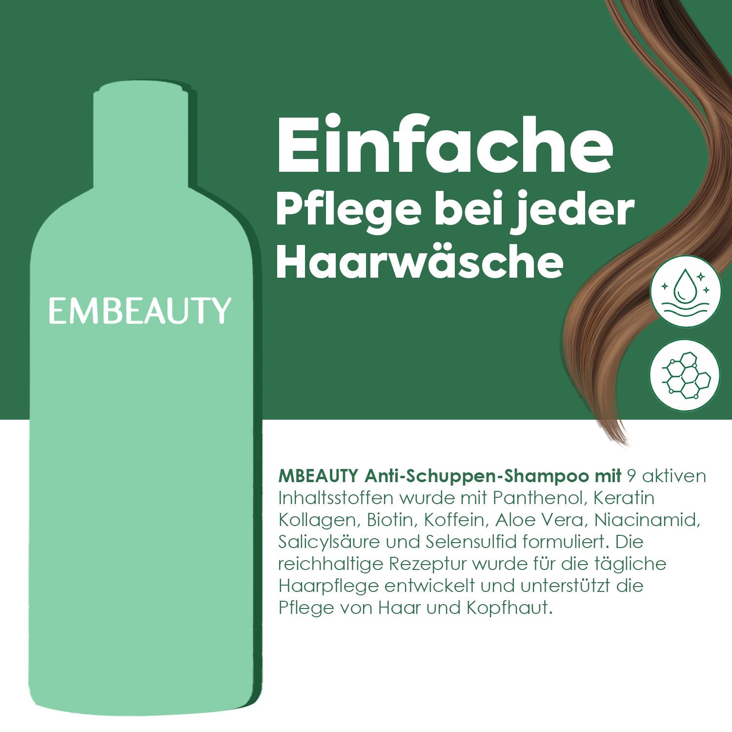 Hellgrüne Flasche mit dem Logo EMBEAUTY und Text 'Einfache Pflege bei jeder Haarwäsche'. Daneben eine braune Haarsträhne und Icons.