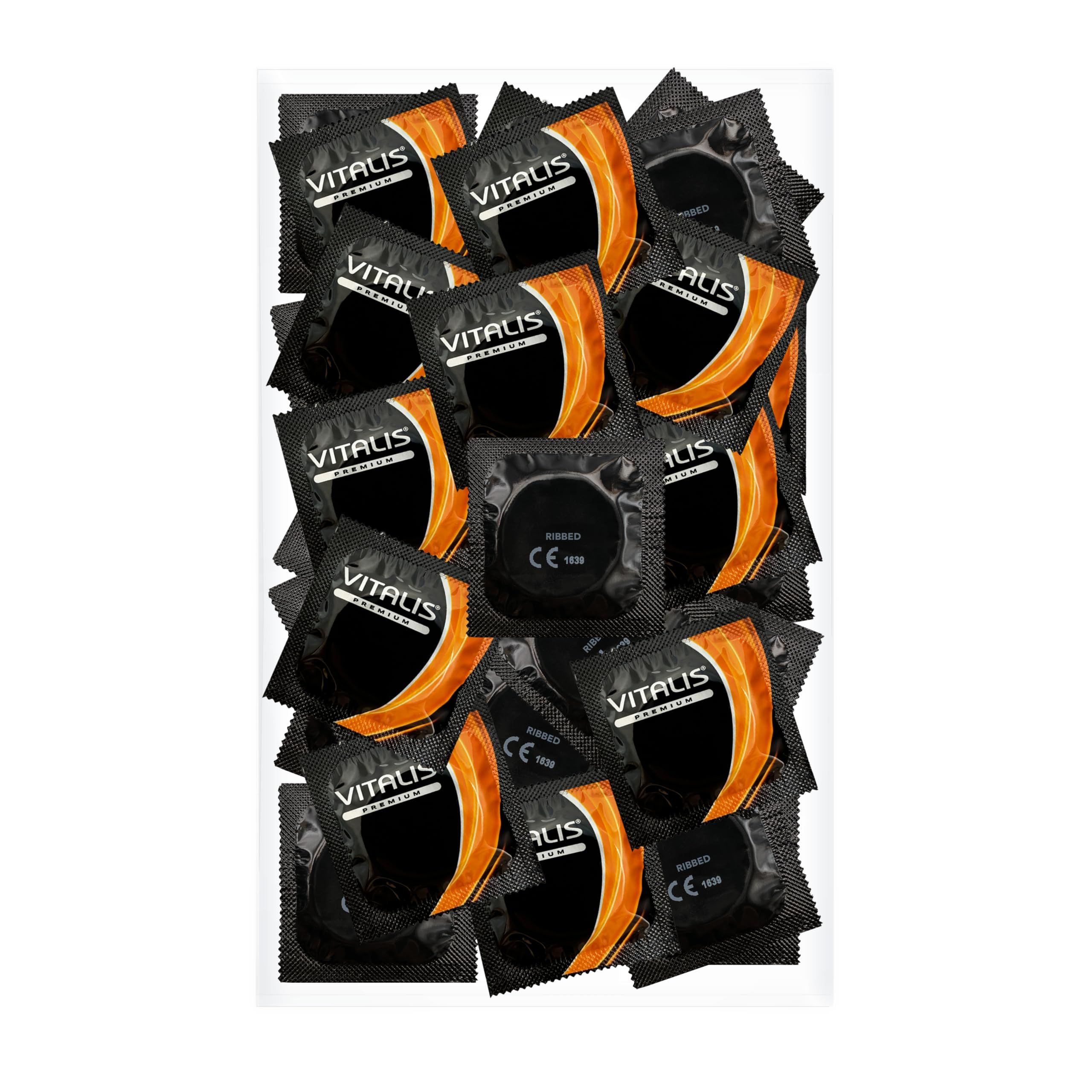 Mehrere einzeln verpackte Kondome mit schwarzem und orangefarbenem Design. CE-Kennzeichnung sichtbar.