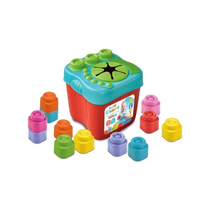 Roter Eimer mit bunten Bausteinen. Deckel mit grünen Knöpfen und Stern. Clementoni-Logo.