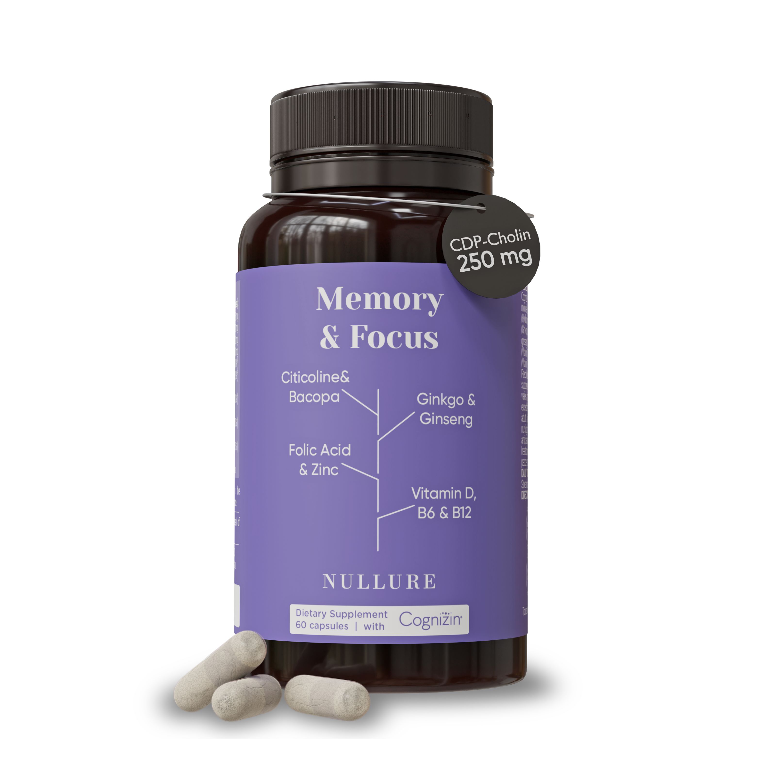 Braune Flasche mit Kapseln. Aufschrift: Memory & Focus, Citicoline & Bacopa, Folic Acid & Zinc, Ginkgo & Ginseng, Vitamin D, B6 & B12.